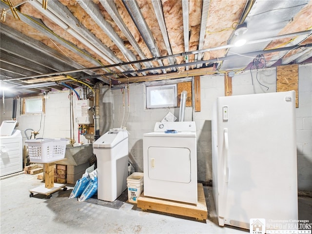118 N 3rd St, Allegany, NY 14706 - below grade area featuring washer and clothes dryer, a water softener, freestanding refrigerator, and water heater