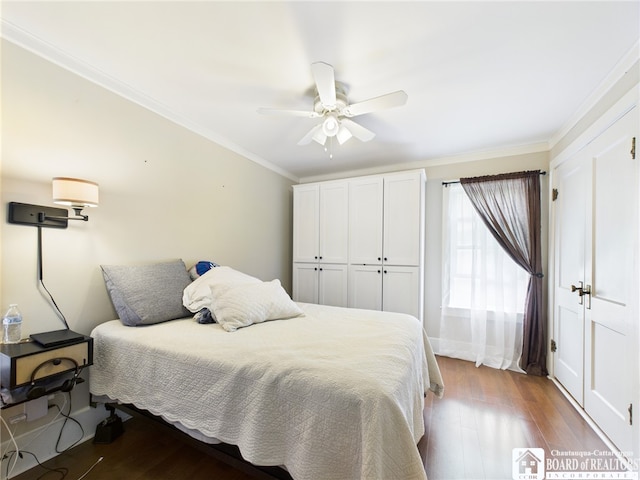 118 N 3rd St, Allegany, NY 14706 - bedroom with dark wood-style flooring, crown molding, and a ceiling fan