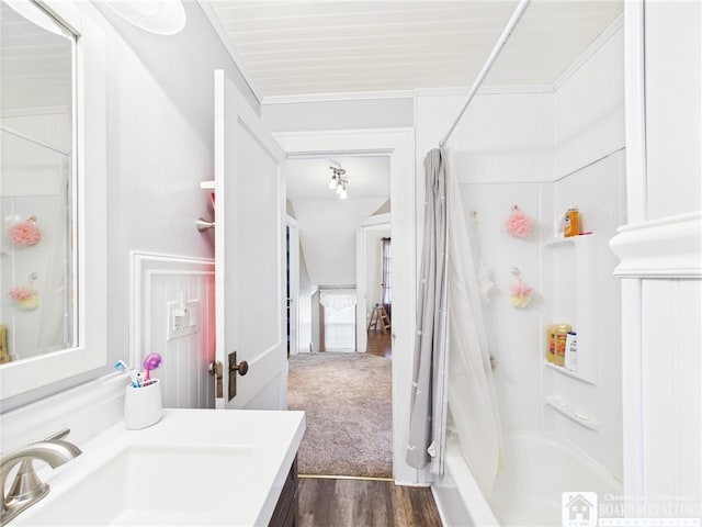 118 N 3rd St, Allegany, NY 14706 - full bathroom with shower / tub combo with curtain, vanity, and wood finished floors