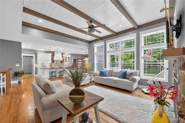 8873 Salvatore Ave, Lysander, NY 13027 - living room featuring a ceiling fan, healthy amount of natural light, a wooden ceiling with exposed beams, light wood finished floors, and recessed lighting