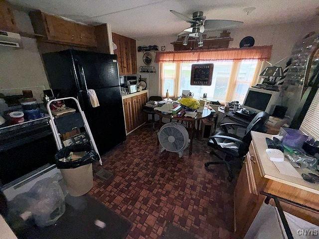 6792 Creek Rd, Lincoln, NY 13421 - dining space with an office area, a ceiling fan, and brick patterned flooring
