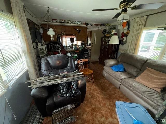 6792 Creek Rd, Lincoln, NY 13421 - carpeted living area with ceiling fan
