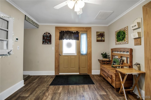 2610 Coomer Rd, Newfane, NY 14028 - entryway with dark wood-type flooring, ceiling fan, and crown molding