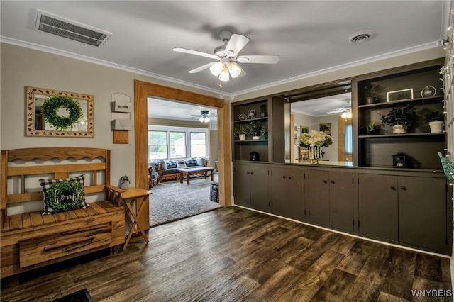 2610 Coomer Rd, Newfane, NY 14028 - dining room with ceiling fan, ornamental molding, and dark wood-style floors