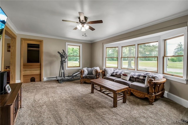 2610 Coomer Rd, Newfane, NY 14028 - living room with carpet flooring, ceiling fan, crown molding, and a baseboard radiator