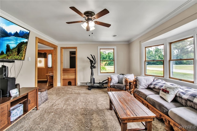 2610 Coomer Rd, Newfane, NY 14028 - living room with ceiling fan, crown molding, and carpet floors