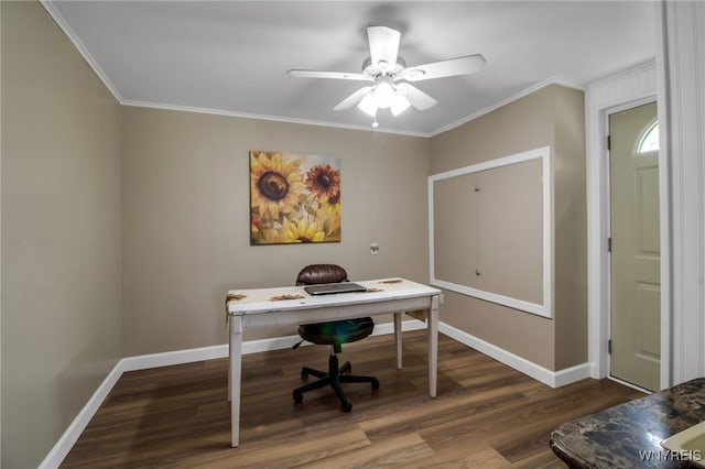 2610 Coomer Rd, Newfane, NY 14028 - office area with wood finished floors, ornamental molding, and ceiling fan