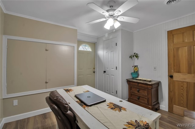 2610 Coomer Rd, Newfane, NY 14028 - office area with crown molding, a ceiling fan, and dark wood-type flooring
