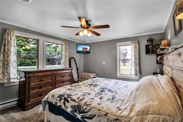 2610 Coomer Rd, Newfane, NY 14028 - bedroom featuring ornamental molding, dark colored carpet, baseboard heating, and ceiling fan