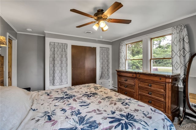 2610 Coomer Rd, Newfane, NY 14028 - bedroom featuring baseboard heating, crown molding, and ceiling fan
