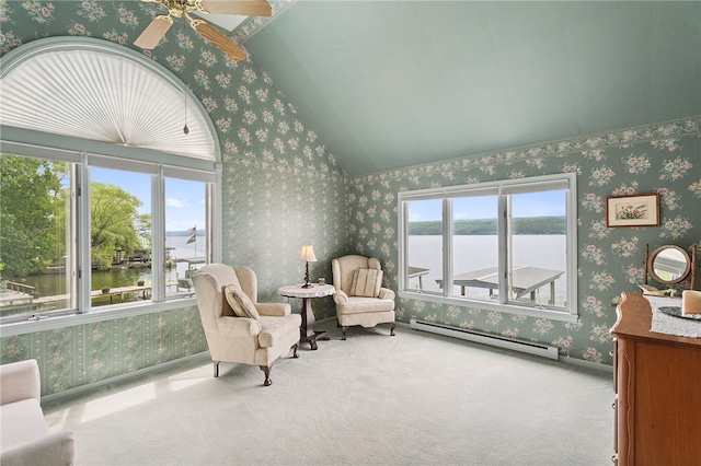5041 Mapes Mathews Rd, Hector, NY 14818 - sitting room featuring baseboard heating, wallpapered walls, lofted ceiling, a water view, and carpet