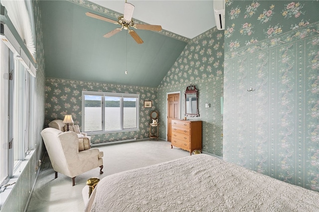 5041 Mapes Mathews Rd, Hector, NY 14818 - carpeted bedroom featuring wallpapered walls, baseboard heating, lofted ceiling, and a ceiling fan
