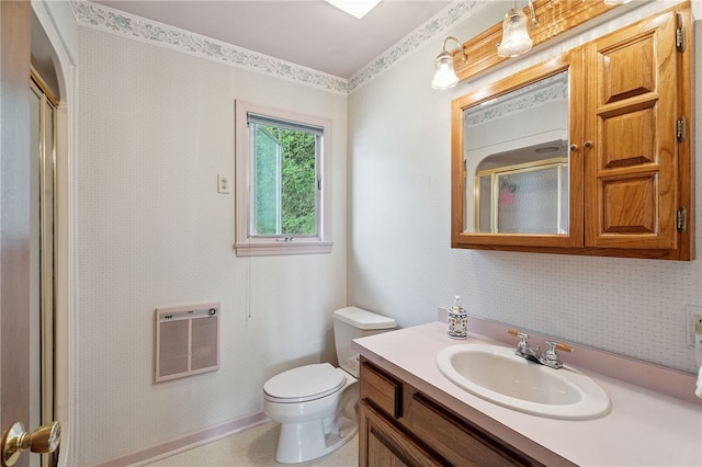5041 Mapes Mathews Rd, Hector, NY 14818 - full bathroom with heating unit, vanity, an enclosed shower, and wallpapered walls