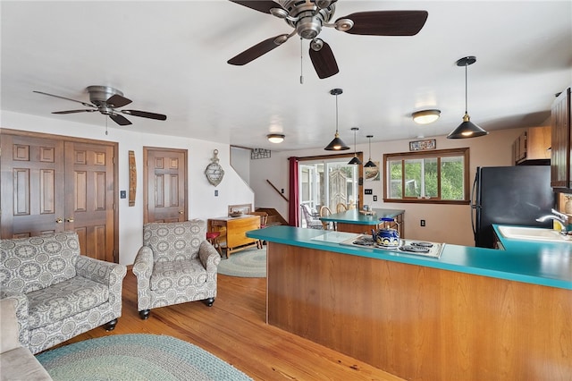 5041 Mapes Mathews Rd, Hector, NY 14818 - kitchen featuring a peninsula, light wood finished floors, ceiling fan, and open floor plan