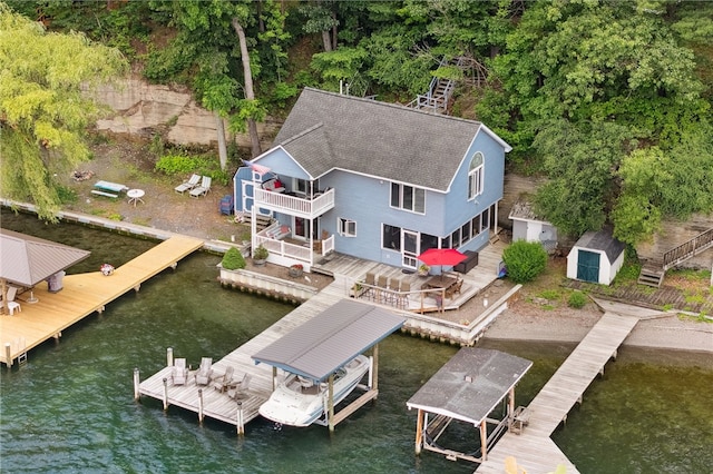 5041 Mapes Mathews Rd, Hector, NY 14818 - dock area with boat lift, stairs, a deck with water view, and a balcony
