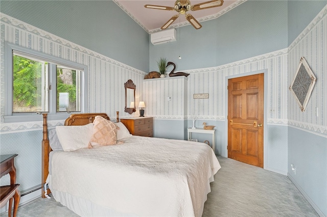5041 Mapes Mathews Rd, Hector, NY 14818 - bedroom featuring wallpapered walls, carpet, a wall mounted AC, ceiling fan, and wainscoting