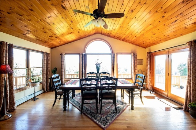 155 Hall Rd, Afton, NY 13730 - dining room featuring lofted ceiling, a baseboard radiator, plenty of natural light, ceiling fan, and wooden ceiling