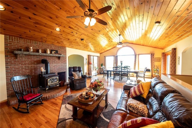 155 Hall Rd, Afton, NY 13730 - living area featuring a ceiling fan, lofted ceiling, a wood stove, wood finished floors, and wood ceiling
