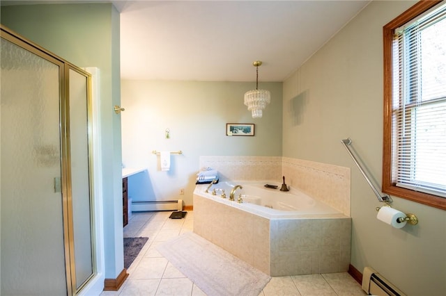 155 Hall Rd, Afton, NY 13730 - bathroom with baseboard heating, a stall shower, a tub with jets, and tile patterned flooring