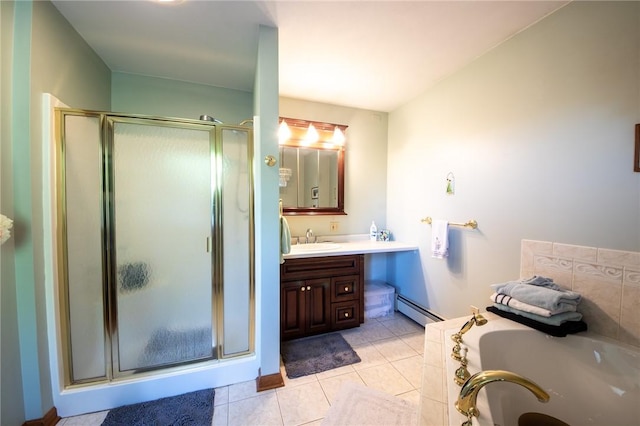 155 Hall Rd, Afton, NY 13730 - bathroom with a shower stall, vanity, a garden tub, baseboard heating, and tile patterned flooring