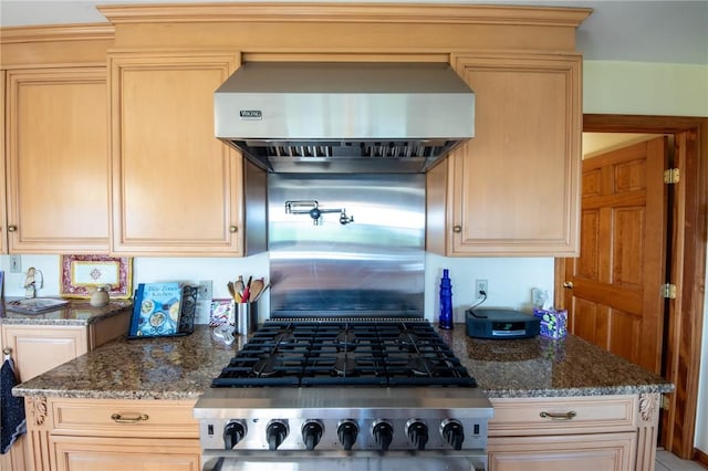 155 Hall Rd, Afton, NY 13730 - kitchen featuring range hood, range, and dark stone countertops
