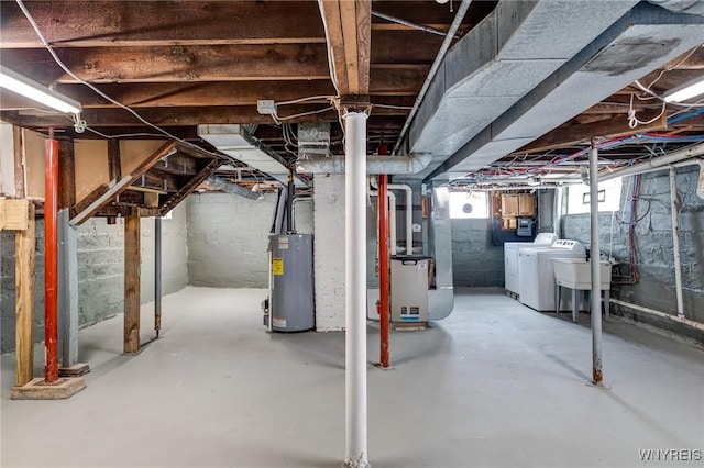 1143 Kensington Ave, Buffalo, NY 14215 - below grade area featuring water heater, washer and dryer, and heating unit