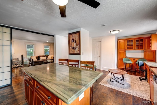 1143 Kensington Ave, Buffalo, NY 14215 - kitchen with dark wood-style floors, a textured ceiling, ceiling fan, glass insert cabinets, and brown cabinets
