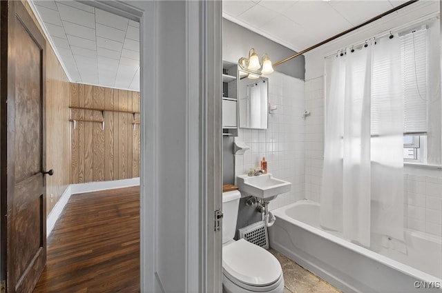 345 Wayland Rd, Salina, NY 13208 - full bath featuring shower / bath combo, ornamental molding, wood finished floors, and wooden walls