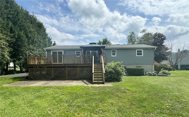 12017 Birch Dr, Corning, NY 14830 - rear view of property with stairway, a deck, a lawn, a chimney, and a patio