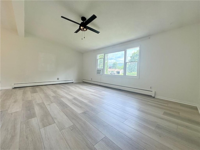 12017 Birch Dr, Corning, NY 14830 - unfurnished room with a baseboard heating unit, a baseboard radiator, a ceiling fan, and wood finished floors