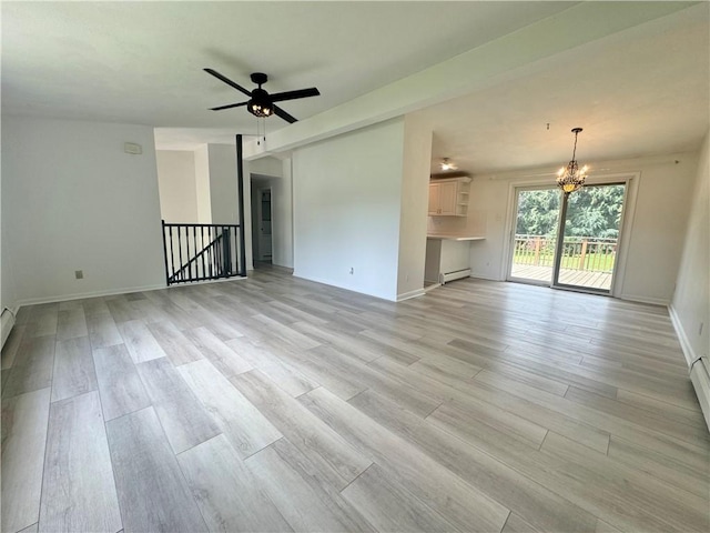 12017 Birch Dr, Corning, NY 14830 - unfurnished living room featuring a chandelier, light wood-type flooring, ceiling fan, and baseboard heating