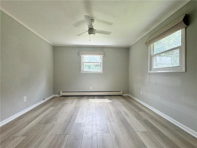 12017 Birch Dr, Corning, NY 14830 - unfurnished room with a baseboard heating unit, crown molding, a ceiling fan, and wood finished floors