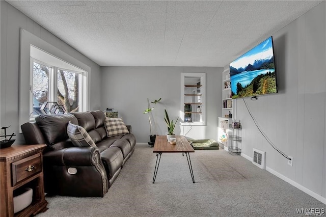 40 Remington Pl, Buffalo, NY 14210 - living area with carpet flooring, built in features, and a textured ceiling