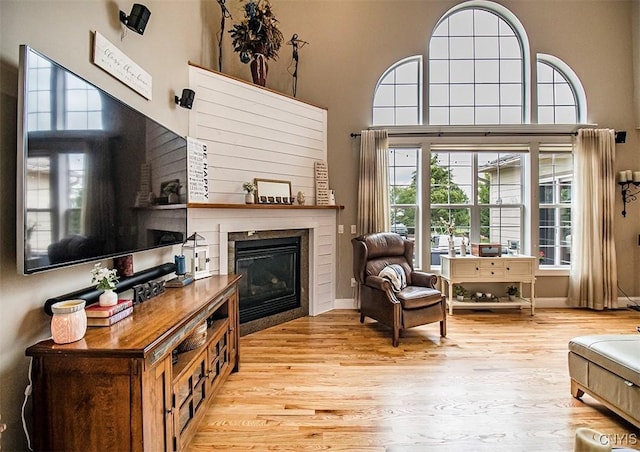 7991 Austrian Pine Cir, Pompey, NY 13104 - sitting room featuring wood finished floors, a glass covered fireplace, healthy amount of natural light, and a high ceiling