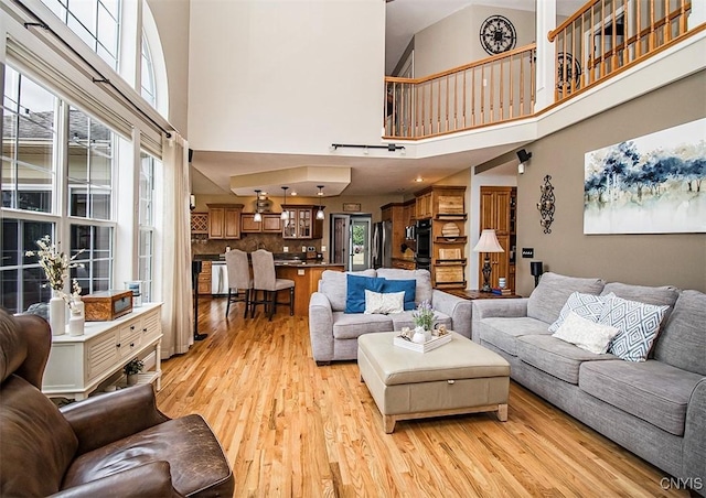7991 Austrian Pine Cir, Pompey, NY 13104 - living room featuring a high ceiling and light wood-style flooring