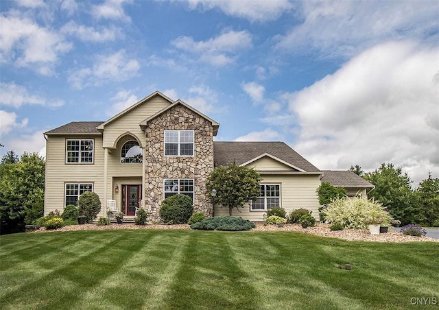 7991 Austrian Pine Cir, Pompey, NY 13104 - view of front facade with a front lawn and stone siding