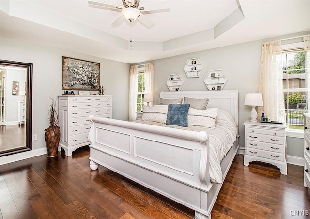 7991 Austrian Pine Cir, Pompey, NY 13104 - bedroom featuring dark wood-style floors, a raised ceiling, multiple windows, and a ceiling fan