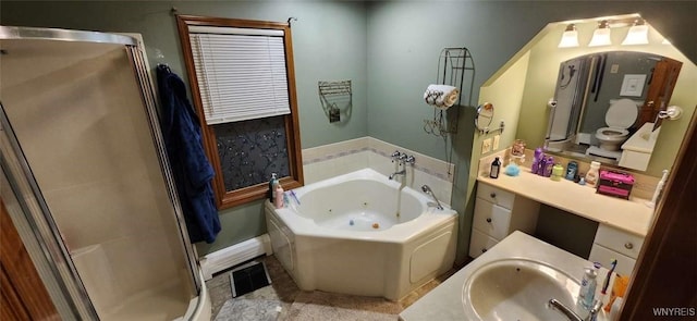 239 Bullis Rd, West Seneca, NY 14224 - full bathroom featuring a whirlpool tub, a shower stall, vanity, and tile patterned flooring
