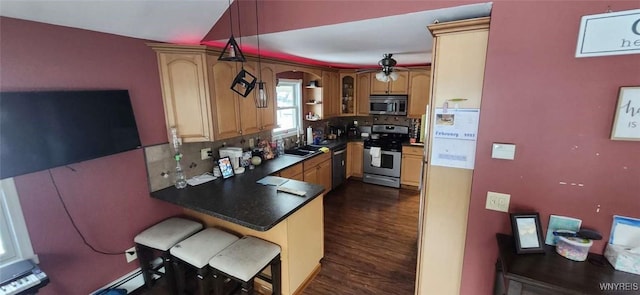 239 Bullis Rd, West Seneca, NY 14224 - kitchen featuring stainless steel appliances, a peninsula, tasteful backsplash, and dark wood-type flooring