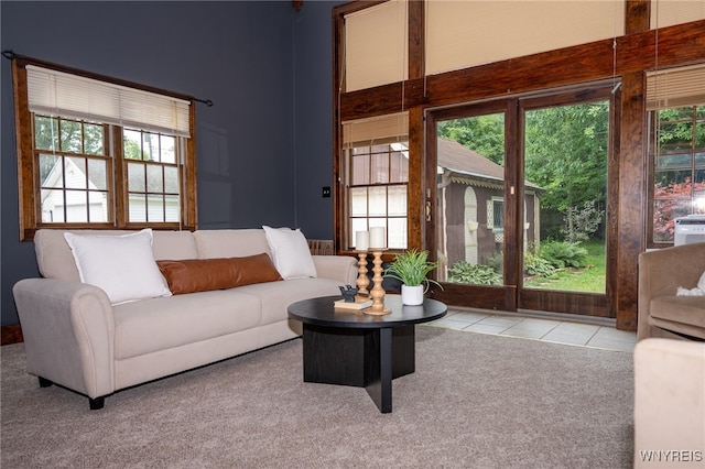 2912 Eggert Rd, Tonawanda, NY 14150 - tiled living area with carpet floors and a high ceiling