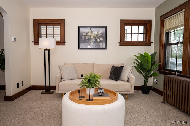 2912 Eggert Rd, Tonawanda, NY 14150 - living area with radiator heating unit, carpet, and arched walkways