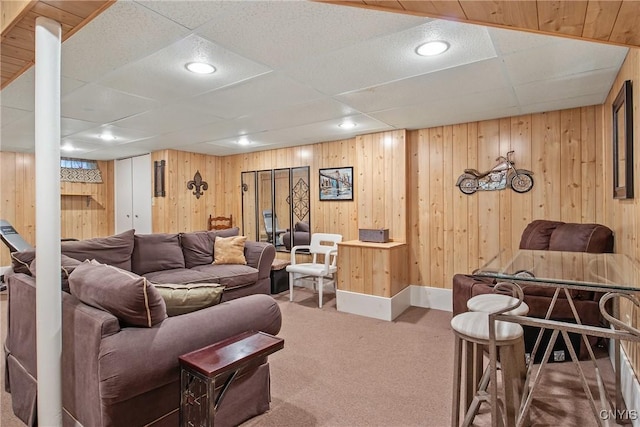 511 Drexler St, Salina, NY 13088 - living room with carpet floors, wood walls, and recessed lighting