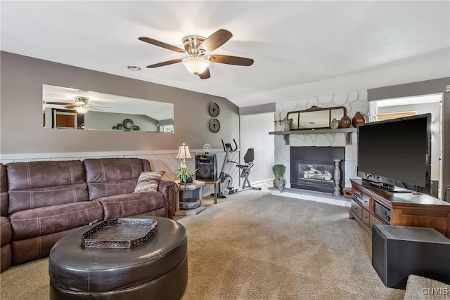 511 Drexler St, Salina, NY 13088 - carpeted living room featuring ceiling fan and a fireplace