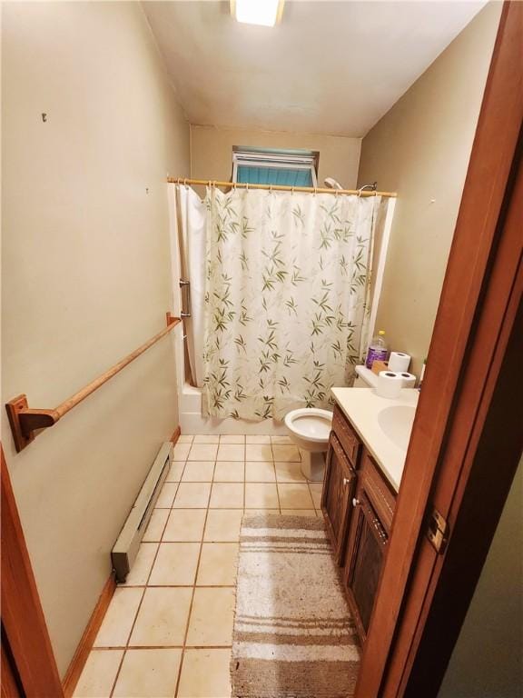 142 John Smith Rd, Pharsalia, NY 13844 - full bathroom featuring a baseboard radiator, shower / tub combo, vanity, and tile patterned flooring