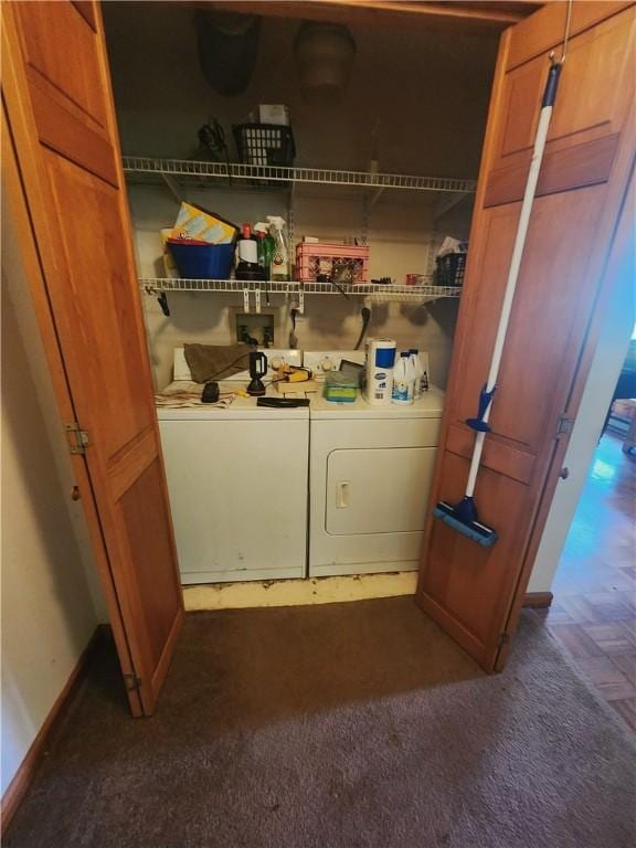 142 John Smith Rd, Pharsalia, NY 13844 - washroom featuring separate washer and dryer and dark carpet