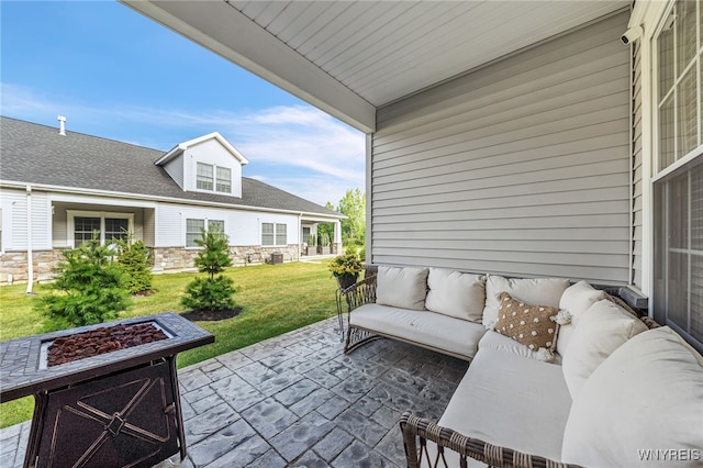 9443 Heritage Path Unit B, Clarence, NY 14032 - view of patio featuring an outdoor living space with a fire pit