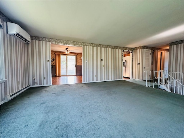 55 Wegman St, Sennett, NY 13021 - unfurnished living room featuring wallpapered walls, an AC wall unit, carpet flooring, and a ceiling fan