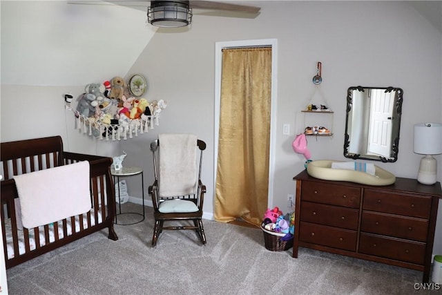 115 Meaney Cir, Scriba, NY 13126 - bedroom featuring carpet, a crib, lofted ceiling, and a ceiling fan