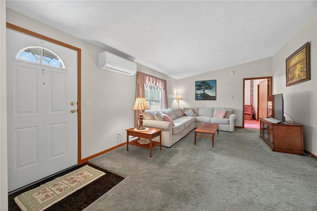 7219 Apple St, Bath, NY 14810 - living area featuring an AC wall unit, carpet floors, and lofted ceiling
