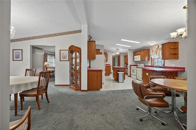 7219 Apple St, Bath, NY 14810 - dining room featuring healthy amount of natural light, a wall mounted AC, lofted ceiling, light colored carpet, and a textured ceiling